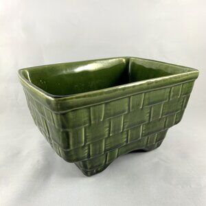 Vintage Glazed Ceramic Basket Planter, Handmade Brush USA 1960s, Antique Bowl